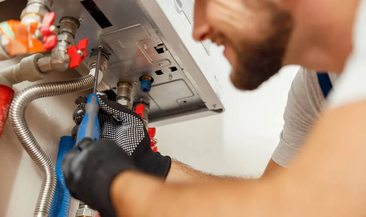 Technician adjusting boiler connections with screwdriver.