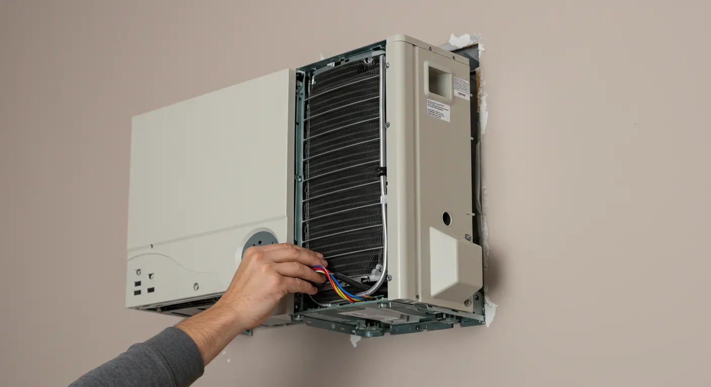 a partially installed ductless mini-split indoor unit mounted on a beige wall. The front cover of the unit is removed, exposing the black cooling/heating coil fins. A hand wearing a grey sleeve is connecting colored electrical wires into the unit's wiring compartment on the right side.