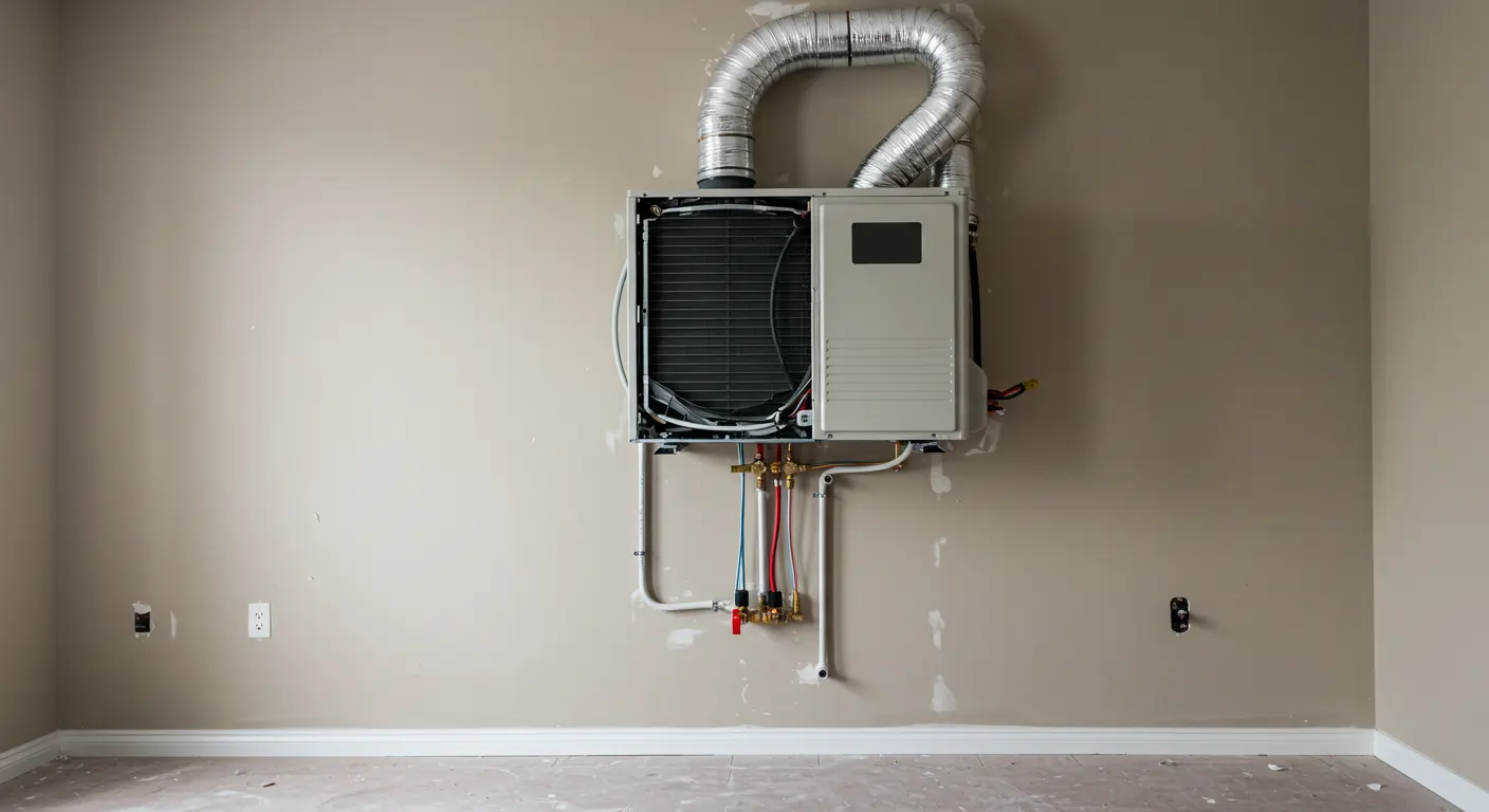 An incomplete installation of an indoor air handler or ductless coil unit against a beige wall in a room under construction.