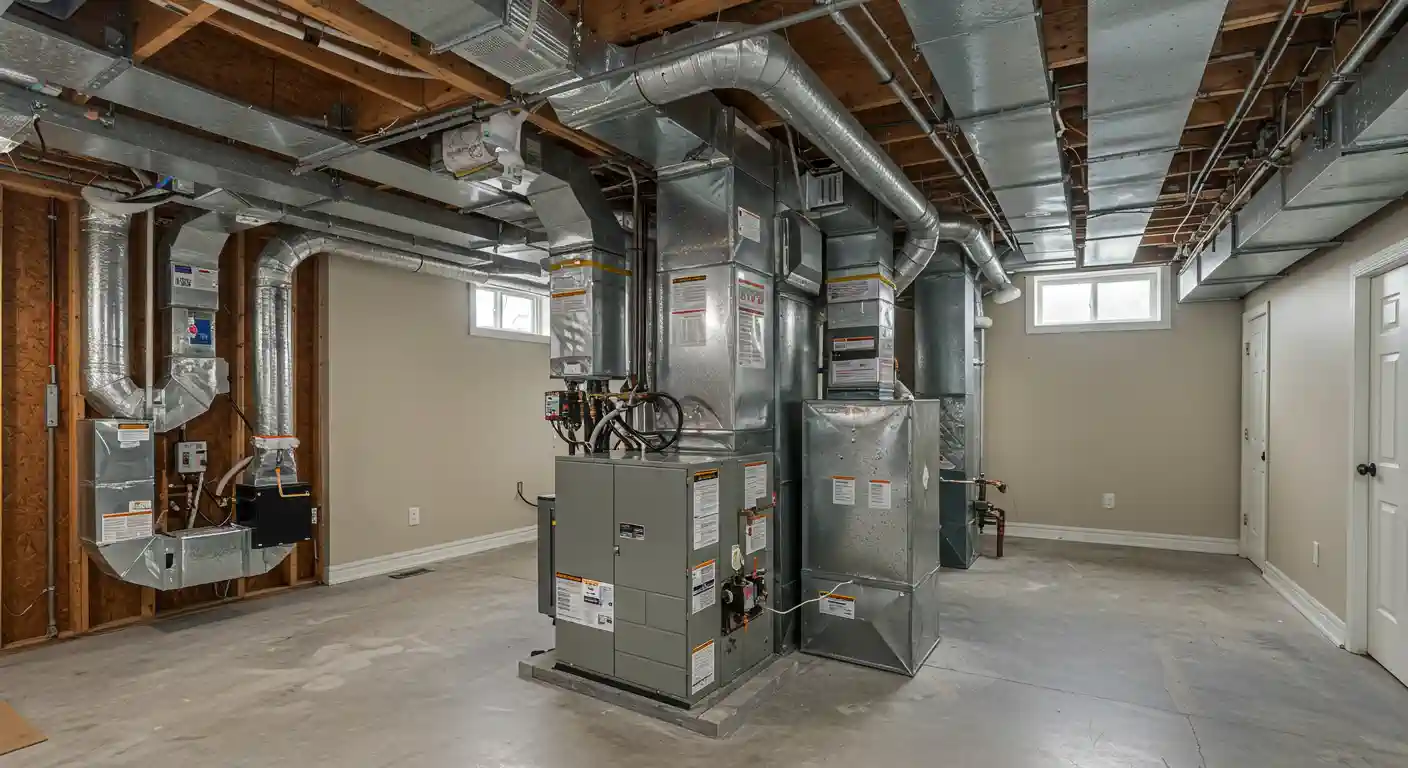 A spacious basement utility area features multiple gray furnace or HVAC units centrally located, connected to an extensive and complex network of overhead exposed silver ductwork.