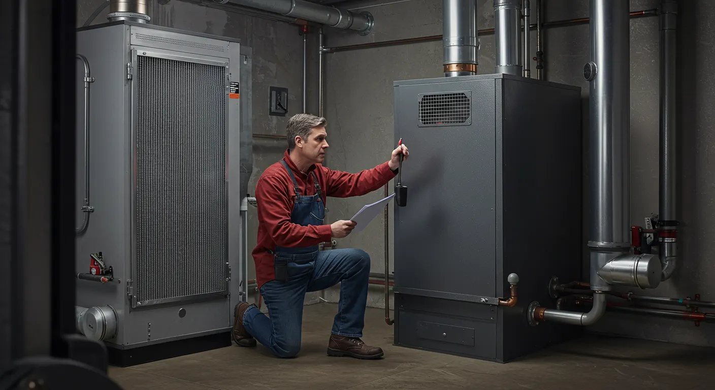 A male HVAC technician wearing a red shirt, blue jeans, and denim overalls is kneeling and inspecting a dark gray furnace unit in a mechanical or utility room. He is holding a checklist or paperwork in his left hand and pointing a pen or tool toward a grate on the furnace with his right hand. A second, larger gray unit with a prominent metal mesh filter is visible on the left. The room has concrete walls and floor, with visible pipes and ductwork overhead.
