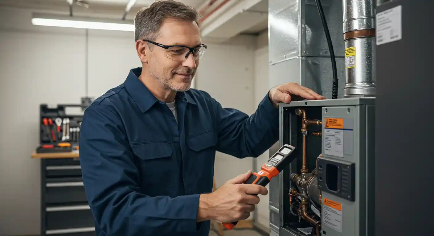 A smiling, middle-aged male HVAC technician wearing safety glasses and a dark blue uniform is servicing a furnace or air handler unit.