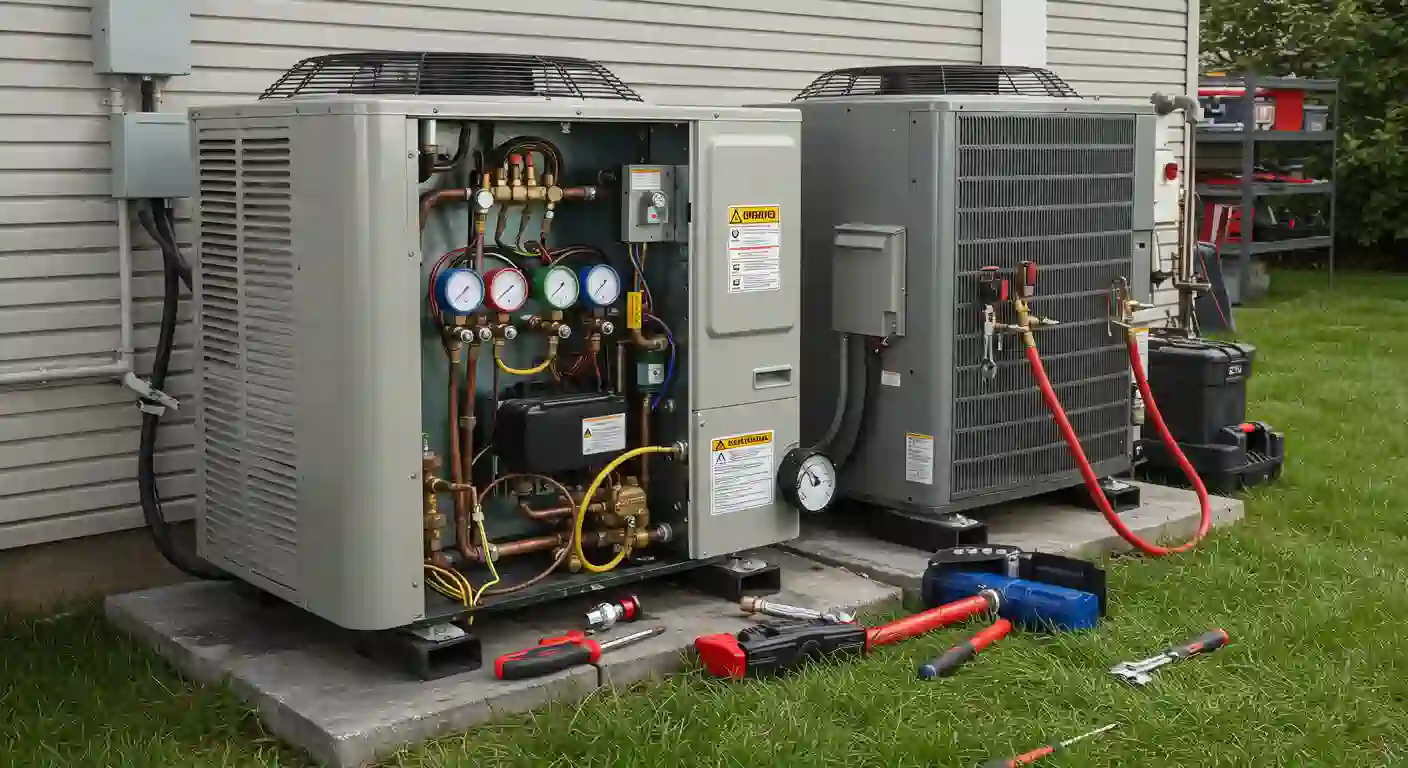  Two outdoor heat pump or air conditioning condenser units are shown on a concrete pad next to a house with beige vinyl siding. The unit on the left has its access panel removed for maintenance, revealing an elaborate setup of a refrigerant gauge manifold connected to the copper lines. The second unit on the right also has a gauge set attached, and several tools, including wrenches and a red and black tool bag, are scattered on the grass and pad in the foreground.