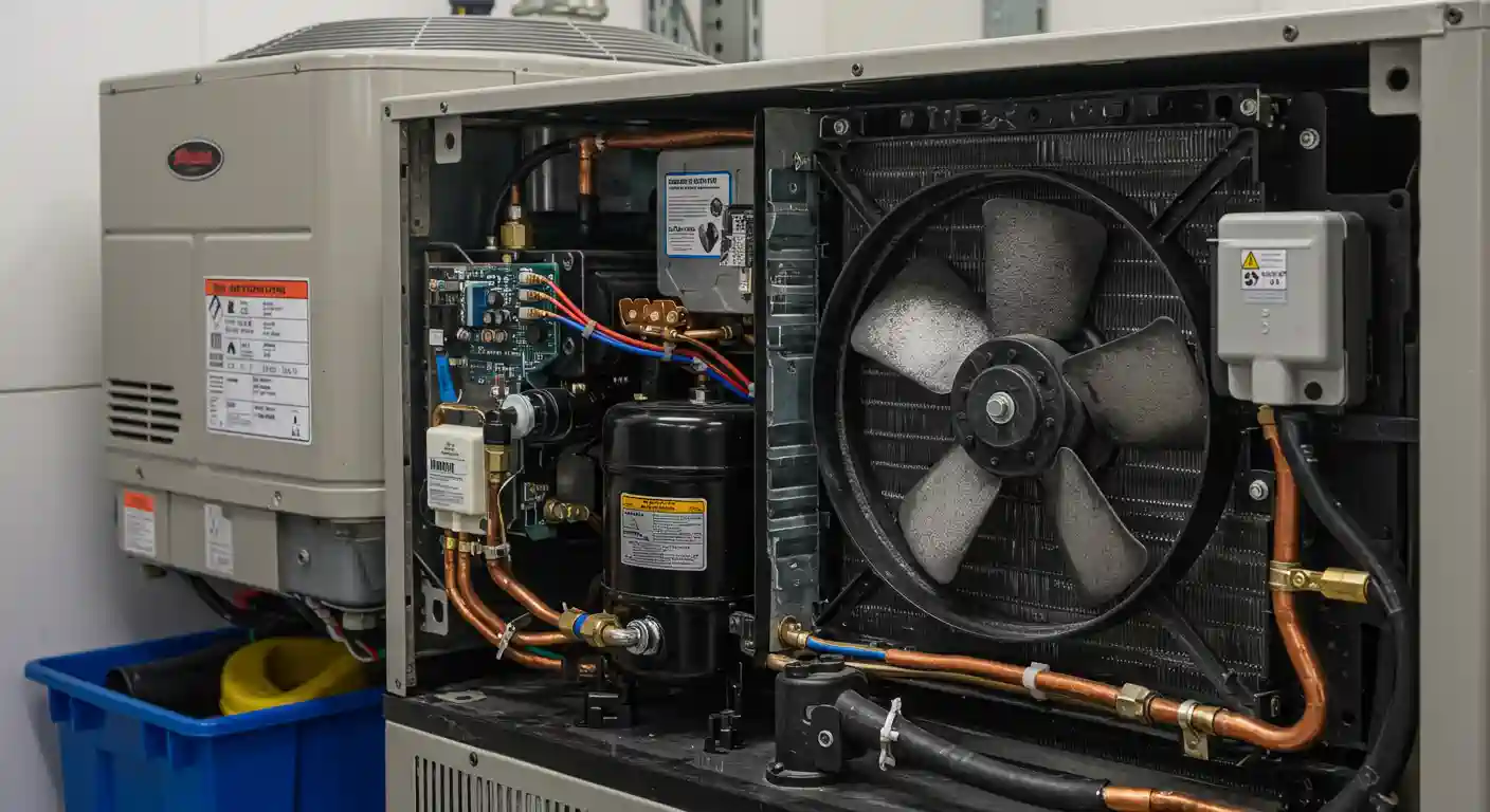 A close-up view shows the internal components of an outdoor heat pump or air conditioning condenser unit with the front panel removed. Visible components include the fan and coil, a black compressor tank, a circuit board with multicolored wiring, and extensive copper piping and brass fittings. Another, similar HVAC unit is partially visible on the left, and a blue plastic bin is below it. This image highlights the complex machinery inside a central air system during maintenance or repair.