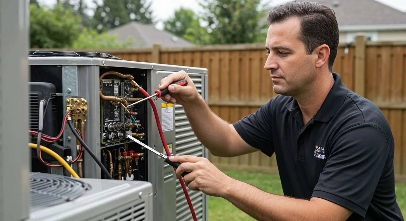  A focused male HVAC technician wearing a black polo shirt with an embroidered logo is servicing an outdoor heat pump or air conditioner unit. He is using a screwdriver to adjust wiring or terminals near the control board and internal components, which include copper piping and a red safety cable. The unit's side panel is open, and a second unit is partially visible in the foreground. The maintenance is taking place in a residential backyard with a wooden fence and grass visible in the background.