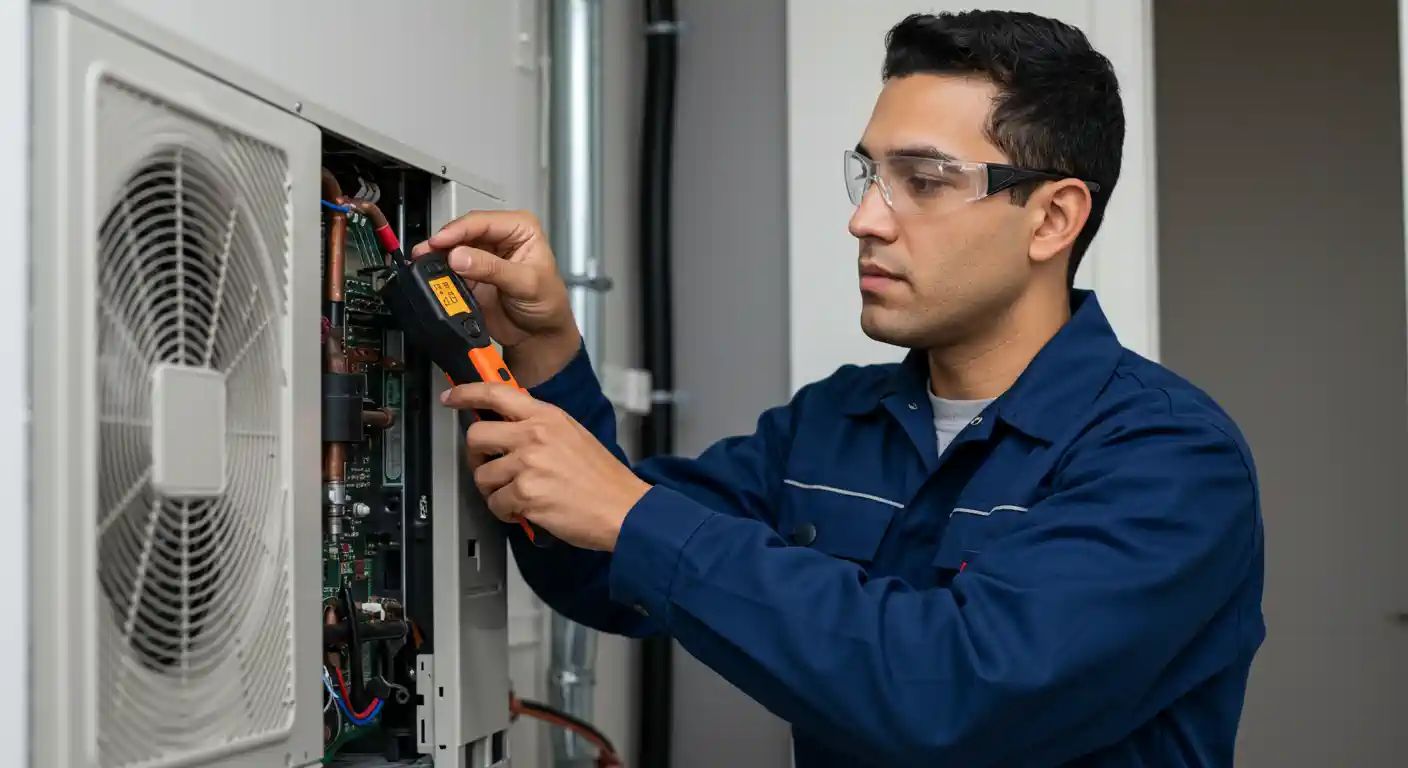a male technician wearing a dark blue uniform and safety glasses, performing diagnostics on an indoor unit (or possibly a compact outdoor unit installed indoors). The service panel is open, exposing the green circuit board, copper piping, and wiring. The technician is holding an orange and black handheld diagnostic device, likely a multimeter or clamp meter, and is actively testing an electrical component or wire on the circuit board to check the unit's voltage, current, or functionality. His focused expression suggests careful attention to detail during the technical check.