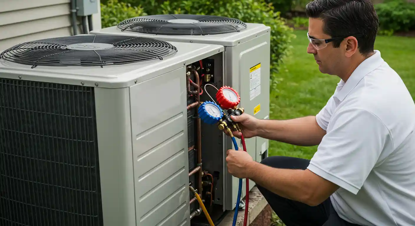 a male technician wearing a white polo shirt and safety glasses, crouched down to service an outdoor mini-split heat pump or air conditioner unit. He is actively connecting a set of refrigerant manifold gauges (prominently featuring blue and red pressure dials) to the service ports on the copper refrigerant lines of the unit. The unit on the right has its service panel open, revealing the internal components, while a second, similar unit is visible to the left. The service is being performed outdoors on a lawn near the exterior wall of a building.
