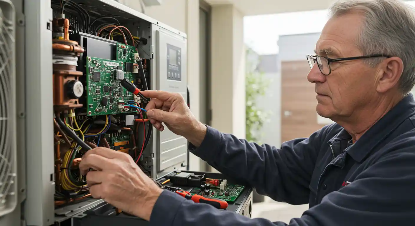 an older male technician wearing glasses and a dark uniform, intently focused on performing electrical diagnostics or repairs on a piece of complex HVAC equipment