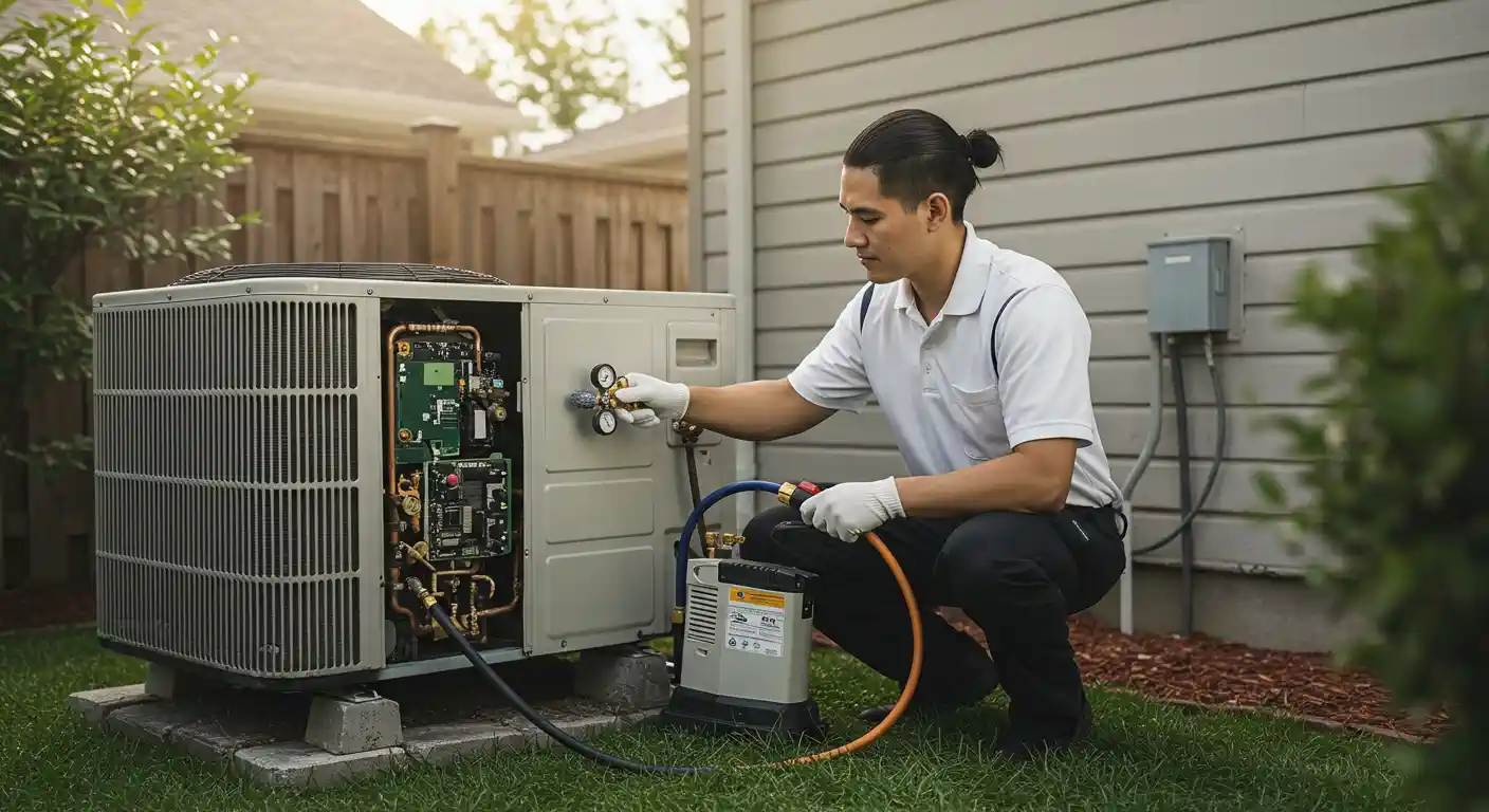 A male HVAC technician with his hair tied back, wearing a white polo shirt and white gloves, servicing a large, outdoor air conditioning or heat pump condenser unit. He is crouched down on a grassy lawn next to the unit, which rests on concrete blocks against a gray-sided house. The service panel is open, revealing the circuit board, wiring, and copper lines. The technician is actively using a set of manifold gauges connected to a refrigerant recovery or charging machine (a small, gray and orange device on the ground) via hoses, indicating he is performing maintenance that involves managing the system's refrigerant.