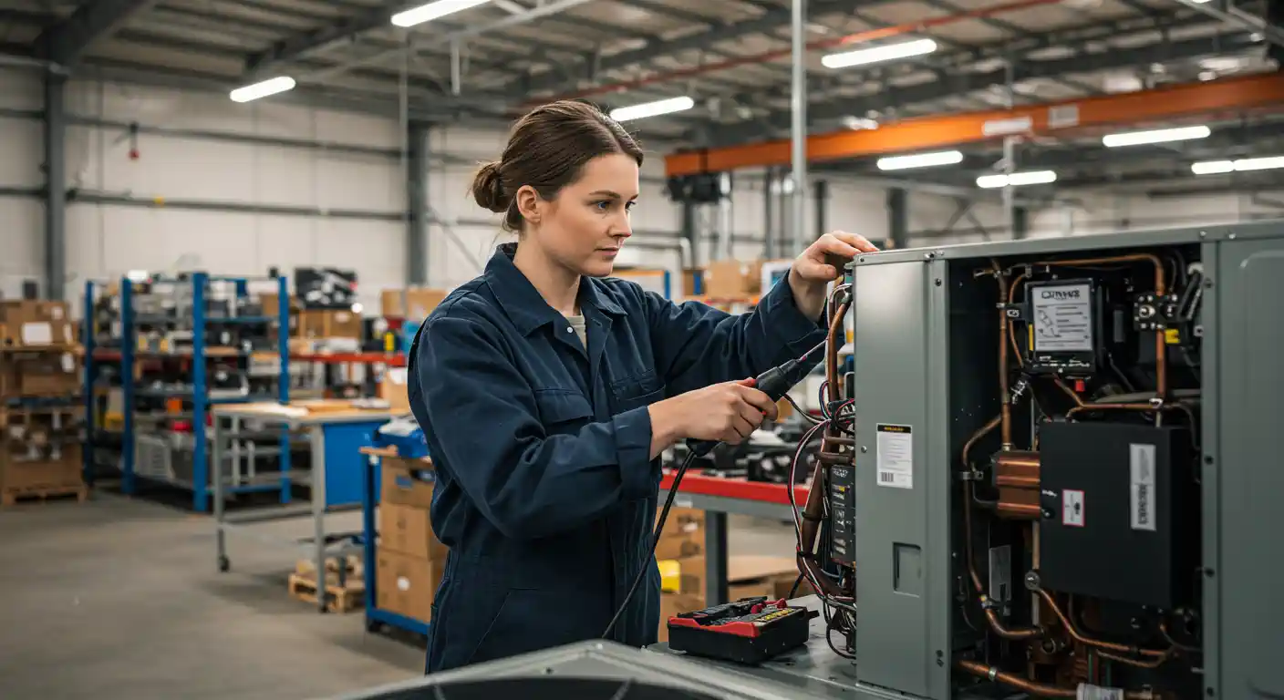A serious female HVAC technician in a dark blue jumpsuit is performing diagnostics on a large commercial heating and cooling unit inside a warehouse. She is using a testing tool, possibly a multimeter probe, on the exposed wiring and components of the machine.