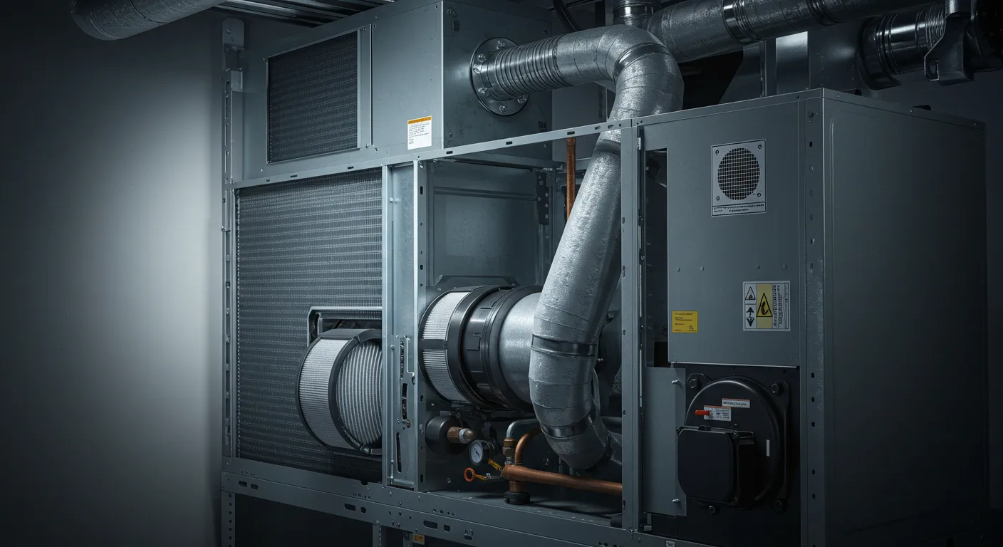A detailed, low-angle shot of a large, modern commercial HVAC unit installed indoors, showing its internal components. The metallic grey unit has panels removed, exposing a large cylindrical fan/motor assembly, heat exchanger coils, and various duct connections.