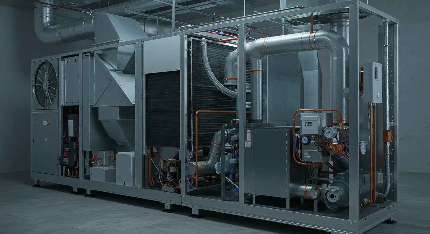 A large, modern commercial or industrial HVAC unit (Air Handling Unit) is displayed indoors with its exterior panels removed, revealing the internal structure and components.
