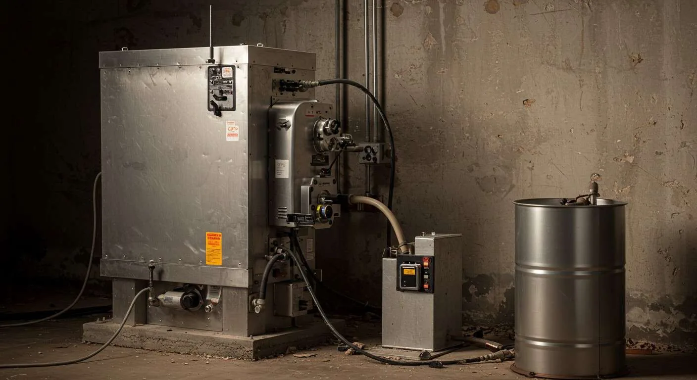 An industrial or commercial heating unit or furnace is shown in a dimly lit utility room or basement.