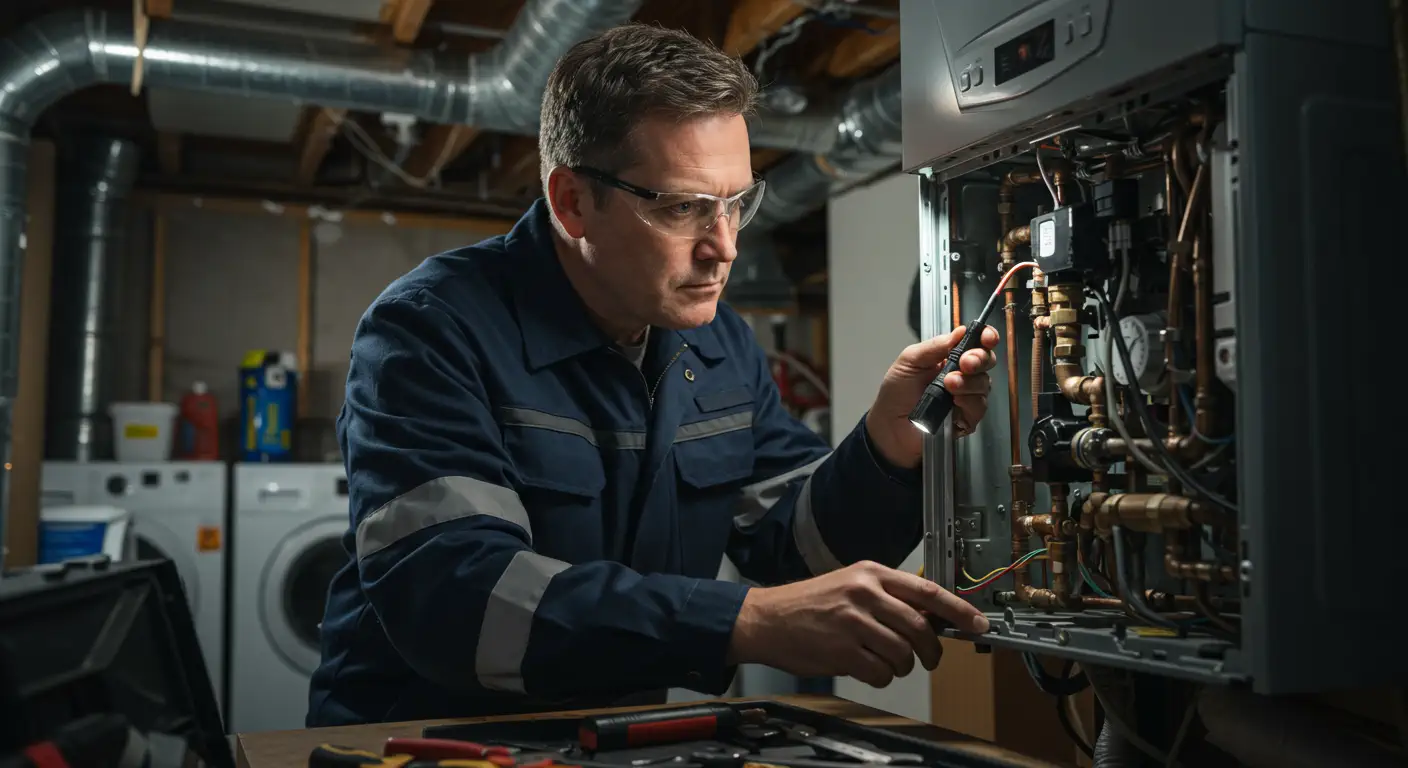A male HVAC technician wearing a blue uniform, safety glasses, and holding a small flashlight, is intently inspecting the complex internal piping, valves, and wiring of furnace