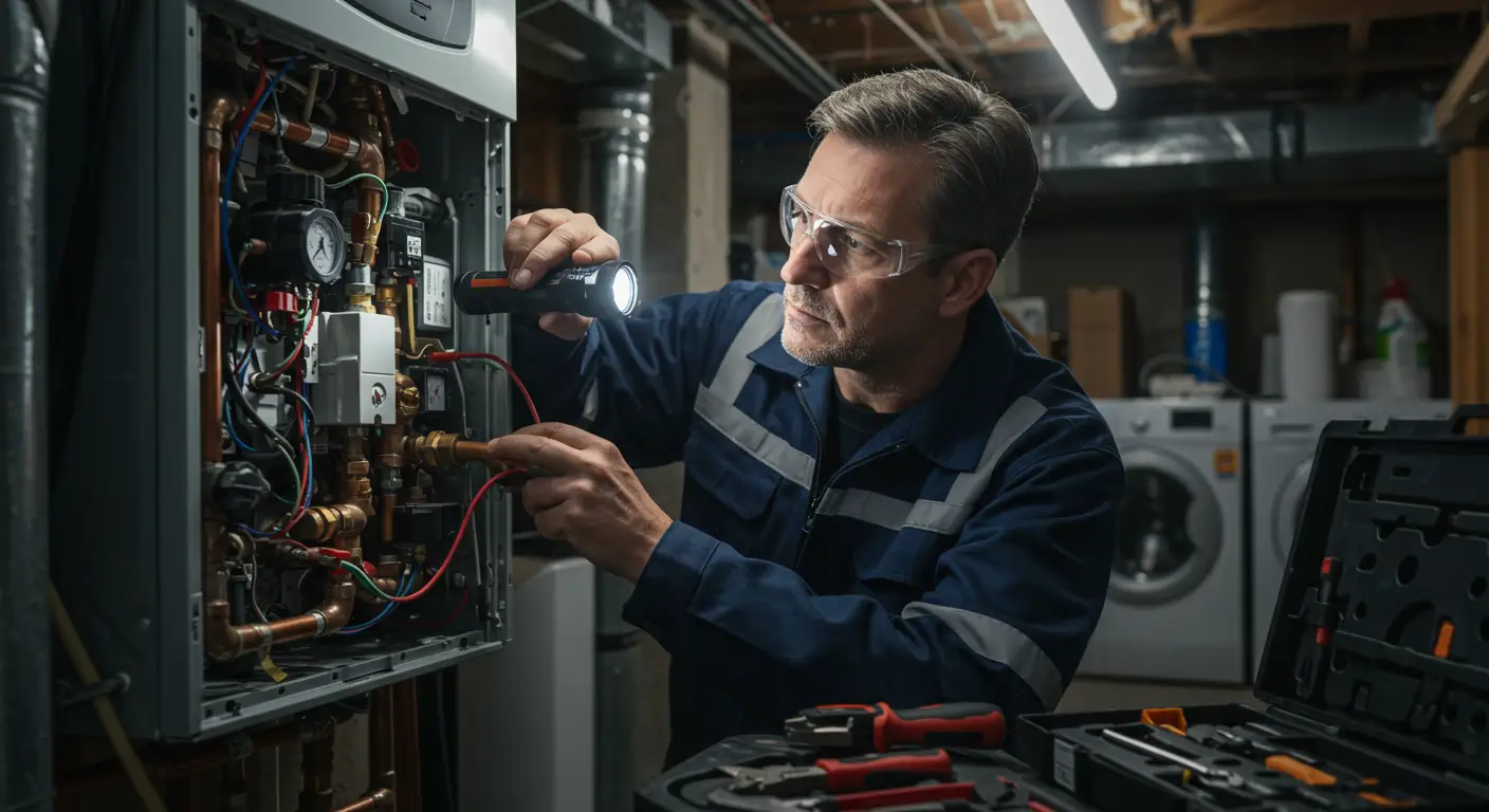 HVAC technician wearing a dark blue uniform and safety glasses is using a flashlight and a multimeter's probes to diagnose the electrical components and wiring inside a complex, open wall-mounted boiler or furnace.
