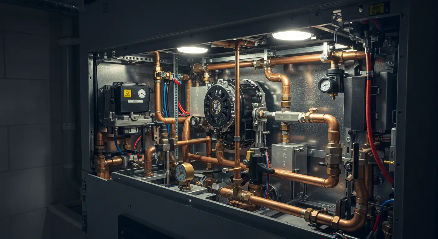 A wide, detailed view of the complex interior piping and components of a large, modern boiler or industrial heating system with the access panel open. The unit is brightly lit from above, showcasing an intricate network of shiny copper pipes, brass fittings, valves, pressure gauges, and a central circulating pump in the middle.