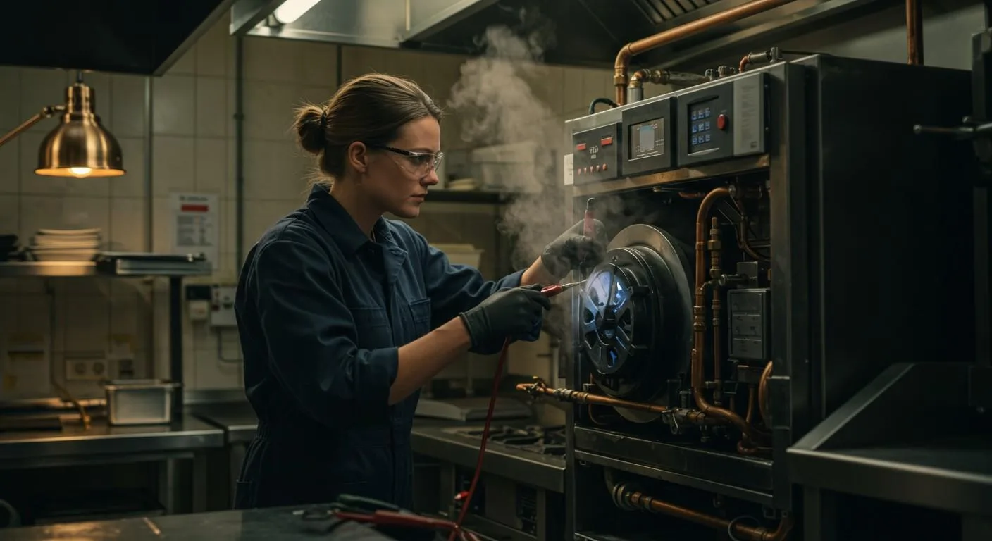 A female technician wearing a dark jumpsuit, safety glasses, and black gloves is performing maintenance on a commercial boiler or heating unit