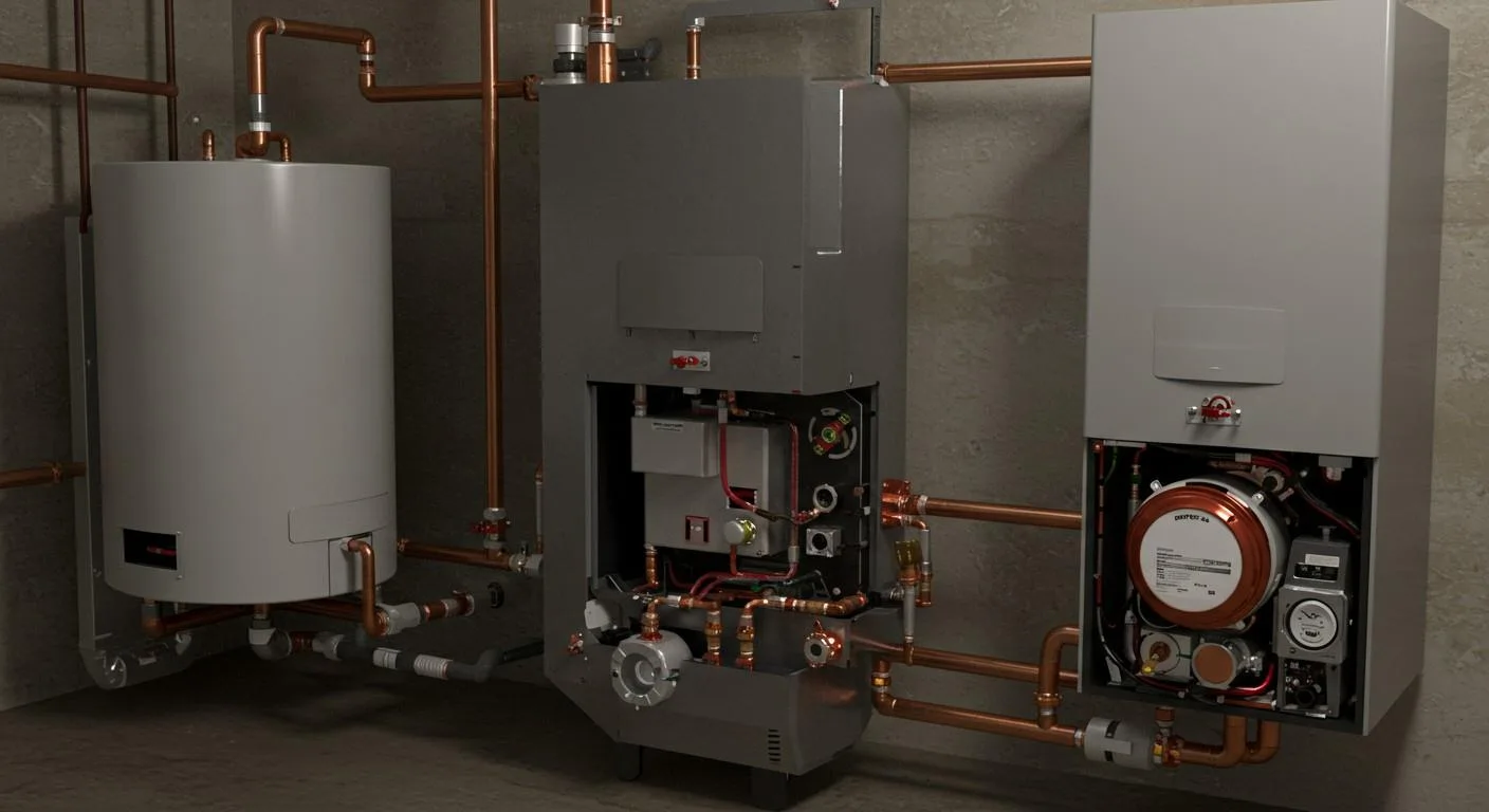A detailed display of a modern boiler heating system setup in a utility room. The arrangement includes a large, white hot water storage tank on the left, a central gray boiler unit with an open lower panel exposing copper piping and valves, and a second, lighter gray boiler unit on the right with a circular orange combustion component visible. All units are connected by a network of exposed copper piping.