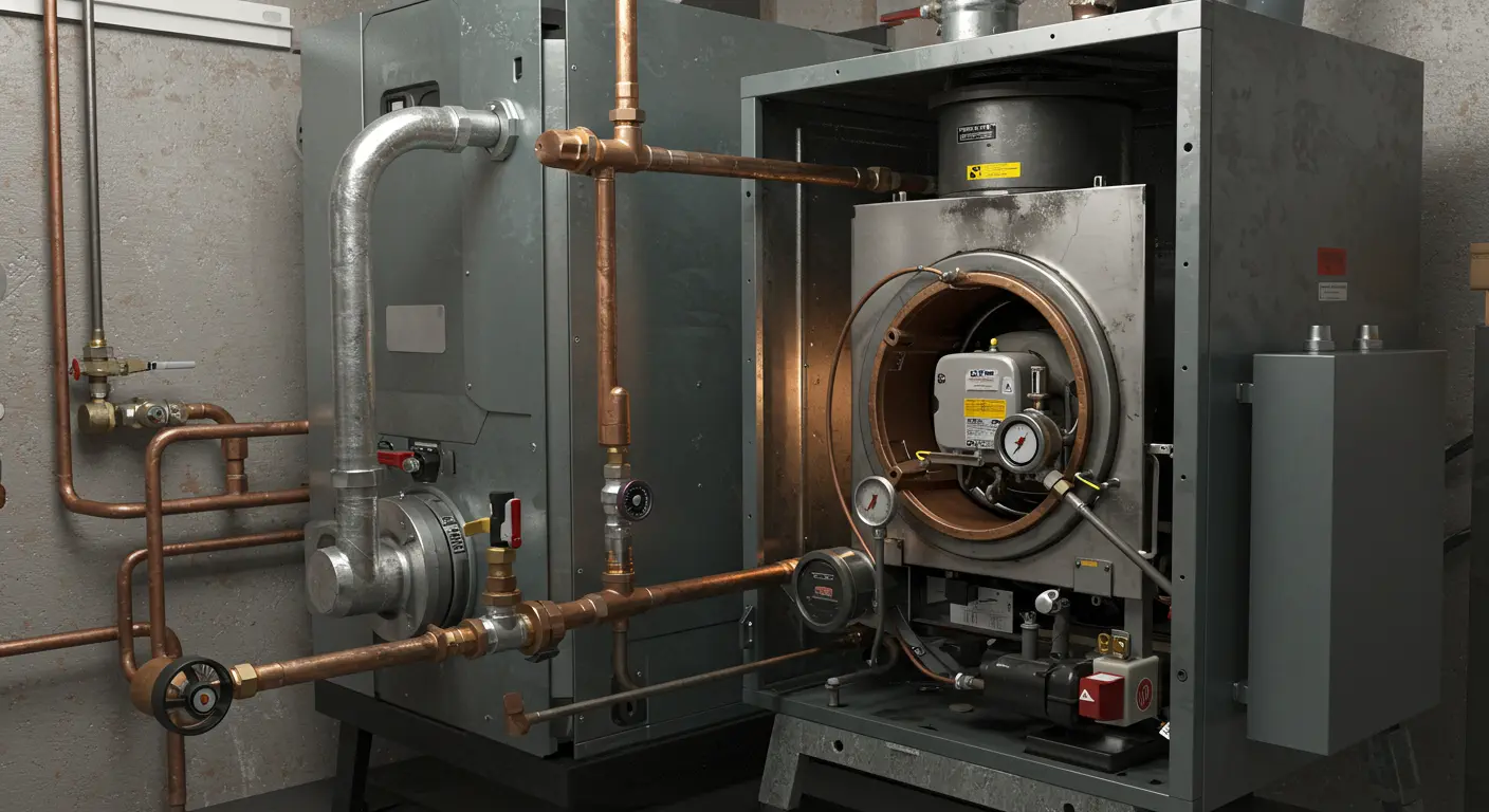  A highly detailed image showing the complex installation of an oil-fired boiler or furnace system in a utility room. 