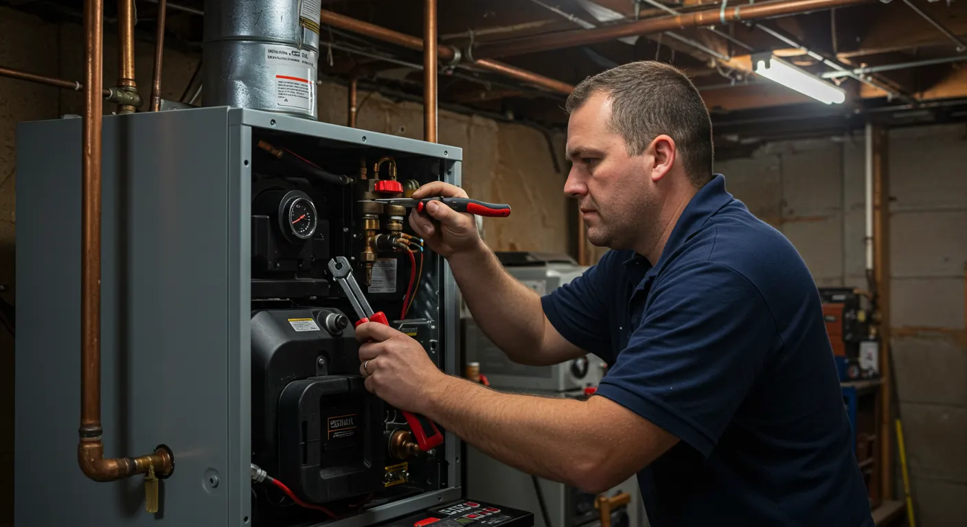 A male HVAC or plumbing technician wearing a dark blue polo shirt is focused on performing a repair on a modern boiler unit with its access panel open. He is using two hand tools—a wrench and a pair of pliers—to adjust a brass valve or fitting located among the internal components and copper piping of the boiler in a dimly lit basement or utility room.