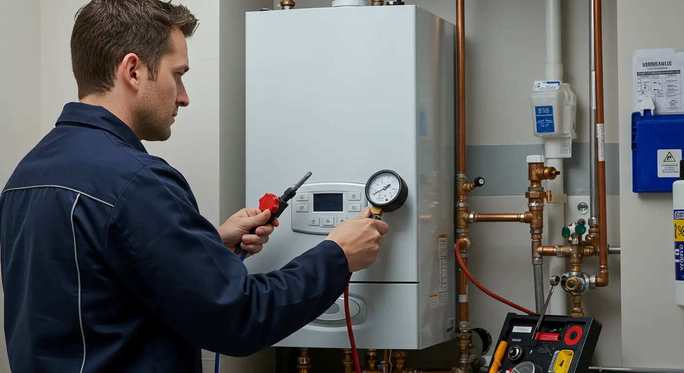  A professional technician wearing a dark blue uniform is performing diagnostics on a wall-mounted boiler or water heater unit.