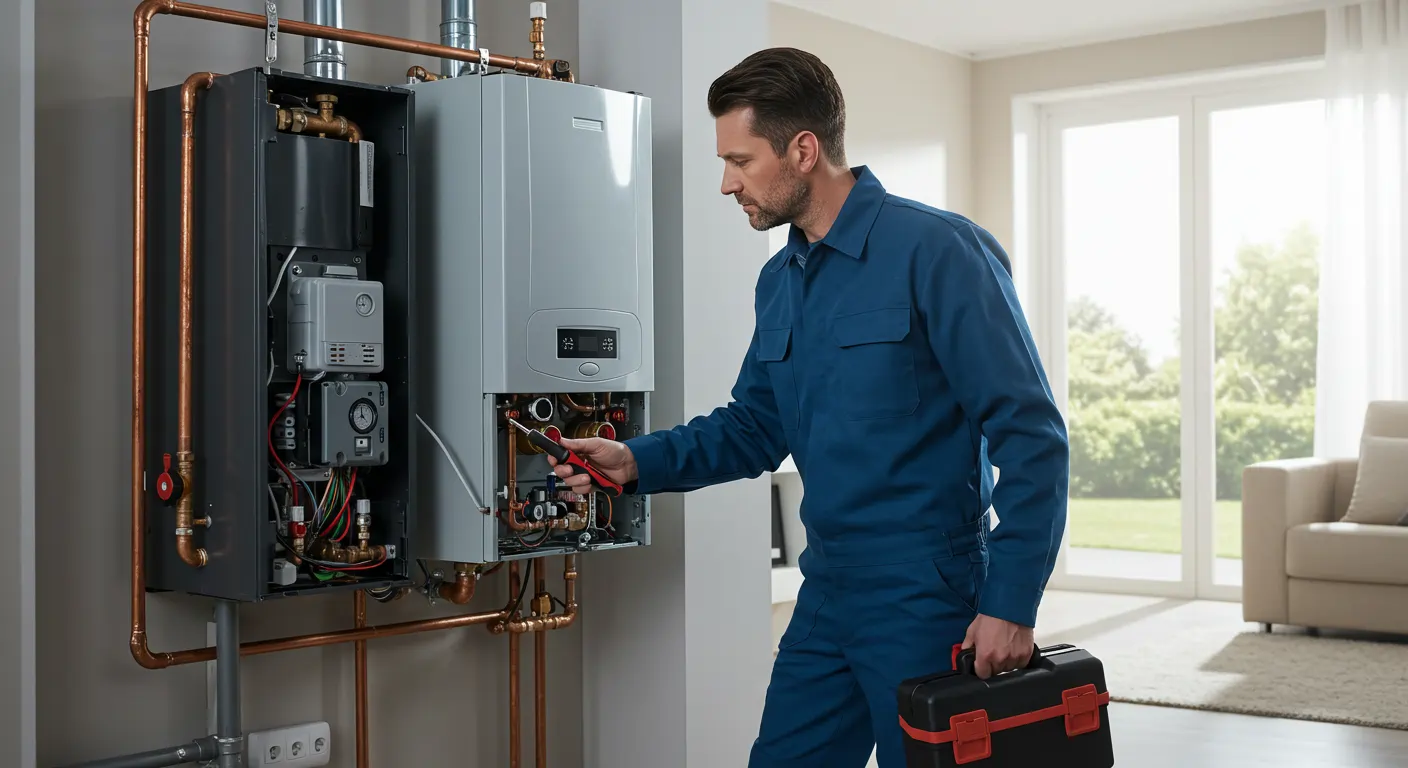A professionally dressed technician in blue overalls is servicing a modern, wall-mounted boiler or water heating system in a brightly lit residential area.