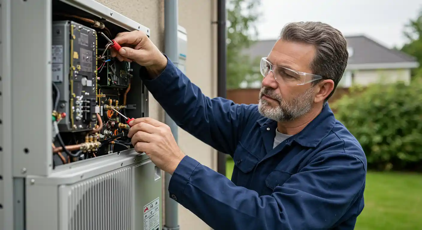  A professional, bearded HVAC technician wearing a dark blue uniform and clear safety glasses is performing a service or repair on an outdoor heat pump or air conditioning unit. 