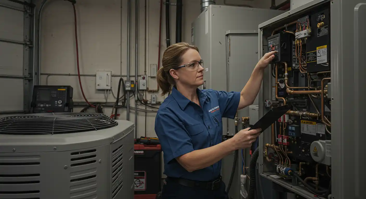  A focused female HVAC technician wearing a dark blue uniform, safety glasses, and holding a clipboard is working on a large, open-panel boiler or commercial heating unit in a utility or mechanical room. She is adjusting a component on the exposed control panel, which features intricate copper piping and wiring. A large, fan-topped outdoor condenser unit is visible on the left side, indicating comprehensive HVAC service.