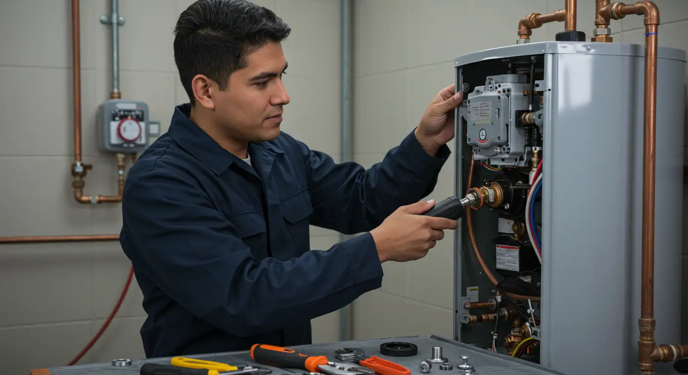  A professional technician in a dark blue uniform is working on a residential water heater, which is partially disassembled. He is using a screwdriver to adjust or repair components near the upper control panel.