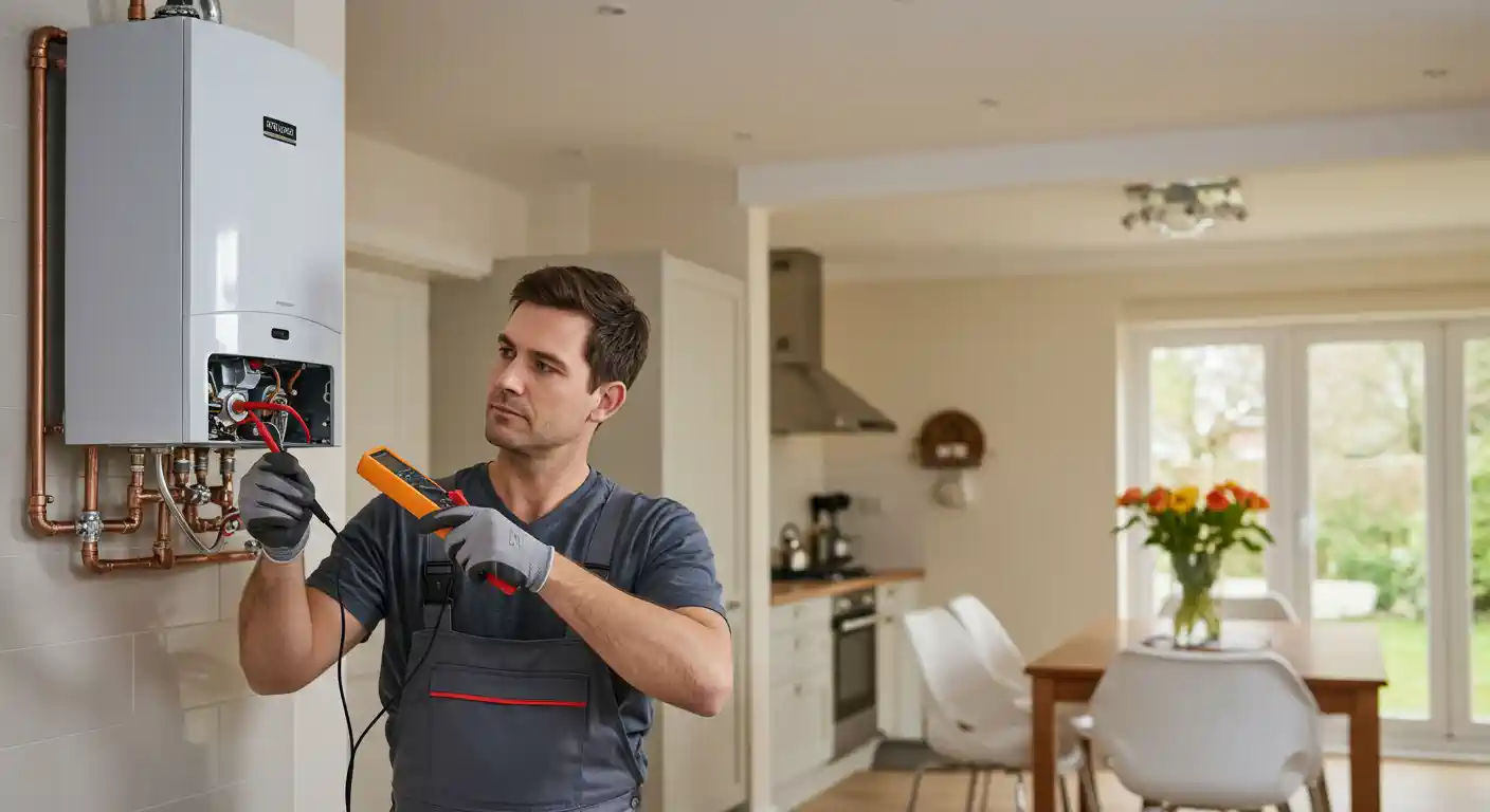  A focused technician, wearing a gray shirt, overalls, and gloves, is using a digital multimeter to test the electrical connections of a white wall-mounted tankless water heater (or boiler). The unit is partially open, exposing internal wiring. Copper piping connects to the unit on the left. The scene is a modern, brightly lit home, with a kitchen and dining area visible in the background.