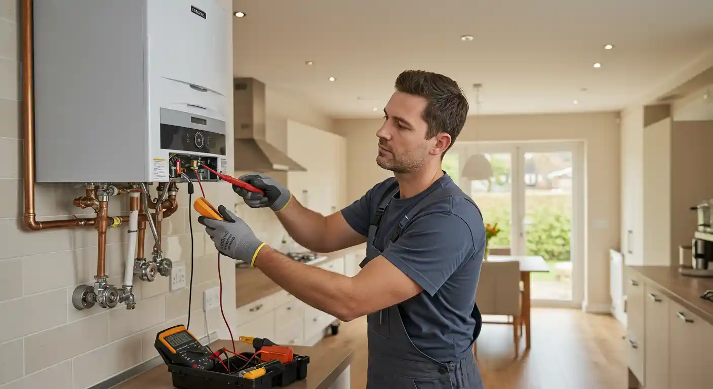 A focused male technician, wearing a gray shirt, overalls, and gloves, is using a digital multimeter to test the electrical connections of a white wall-mounted tankless water heater or boiler. The unit is partially disassembled on a white tiled wall with exposed copper piping. He is standing in a modern, brightly lit kitchen and dining area.