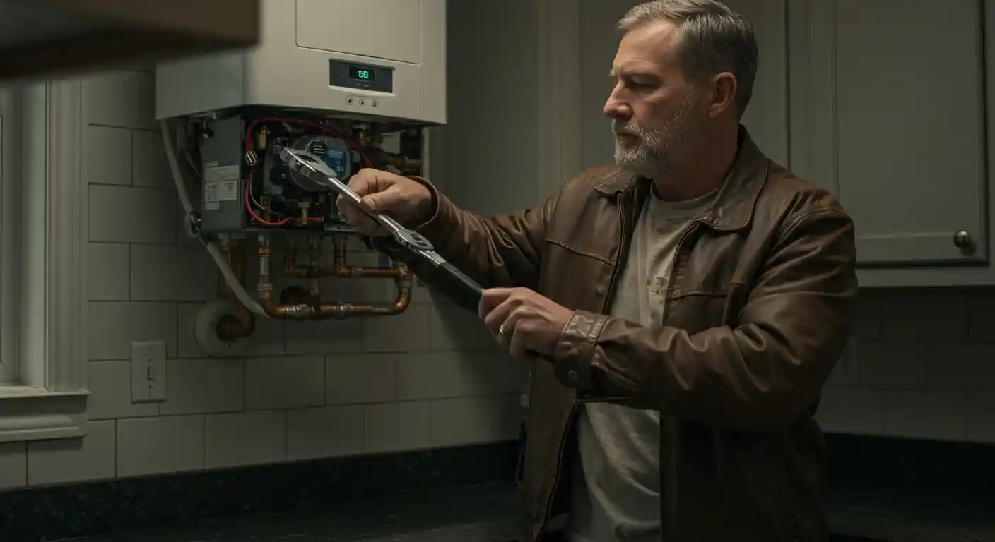  A casually dressed, older man in a brown leather jacket is using a large wrench to work on the internal plumbing of a wall-mounted tankless water heater (or boiler) in a dimly lit kitchen.