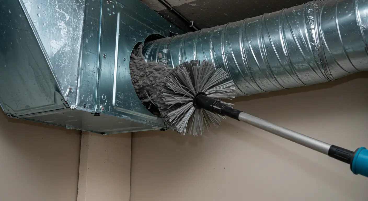 A large, rotating brush head attached to an extendable rod is being inserted into a section of galvanized metal air duct for cleaning. The brush has stiff, gray bristles and is actively scrubbing the inside of the circular ductwork, which connects to a larger, rectangular metal plenum. The ductwork is suspended near a light-colored wall or ceiling.