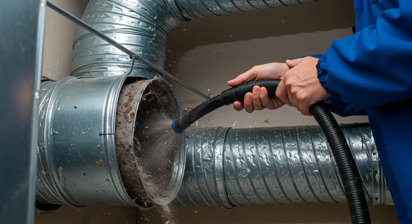 A close-up shot shows a technician's hands, wearing a blue uniform, using a high-powered vacuum nozzle to clean a section of heavily soiled corrugated metal air duct. The nozzle is directed into the open end of the duct, which is coated with dirt and debris, and the suction is visibly pulling out dust particles and gunk.