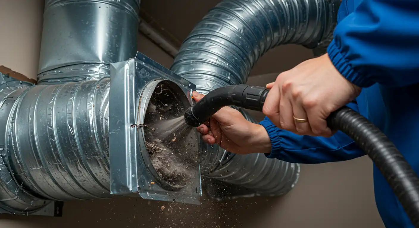  A close-up view shows a technician, wearing a blue uniform, using a vacuum hose and nozzle to clean a severely dirty section of galvanized metal ductwork. The nozzle is inserted into a squared-off access point on the round duct, and a large buildup of dust, debris, and fuzz is being aggressively sucked out, creating a cloud of dirt particles. The technician is wearing a simple gold wedding band.
