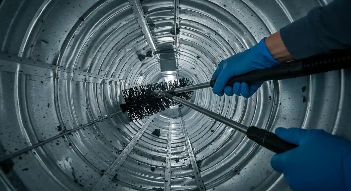 An internal view, looking down the length of a circular metal air duct, shows a technician's hands, wearing bright blue gloves, holding a long-handled rotating brush and a separate tool to clean the interior. The duct has metal support ribs running along its length, and there are small amounts of dirt and debris visible on the metal surface.