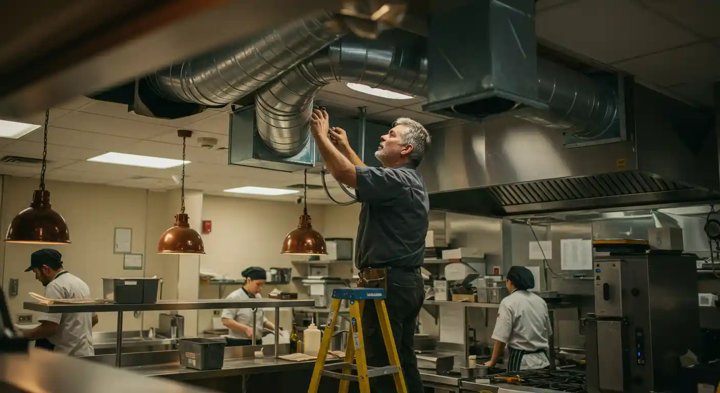 A man on a stepladder installs or repairs galvanized metal ductwork near a commercial kitchen exhaust hood. He is working above stainless steel countertops where several other kitchen staff are busy preparing food. The ductwork is large and cylindrical, with a rectangular connection piece joining it to the exhaust system. Copper pendant lights hang from the ceiling in the foreground.