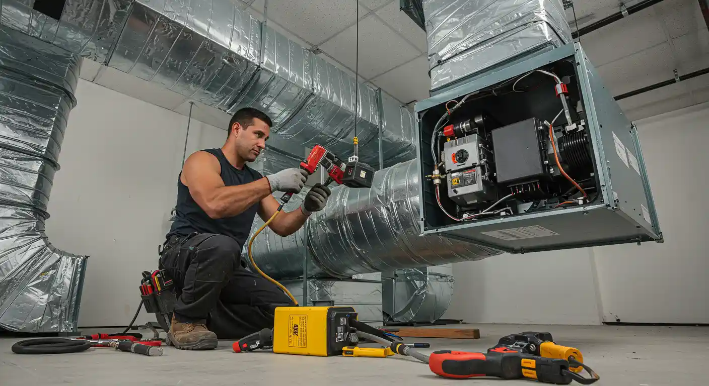A HVAC technician in a black tank top and dark work pants, wearing gloves, kneels on the floor to work on large, exposed industrial ductwork. He is using a red power tool, possibly a drill or impact driver, to connect a section of cylindrical, foil-wrapped flexible duct to a large rectangular air handler unit. Various yellow and red power tools are scattered on the concrete floor around him. Silver rectangular and cylindrical ducting runs across the white ceiling and walls in the background.