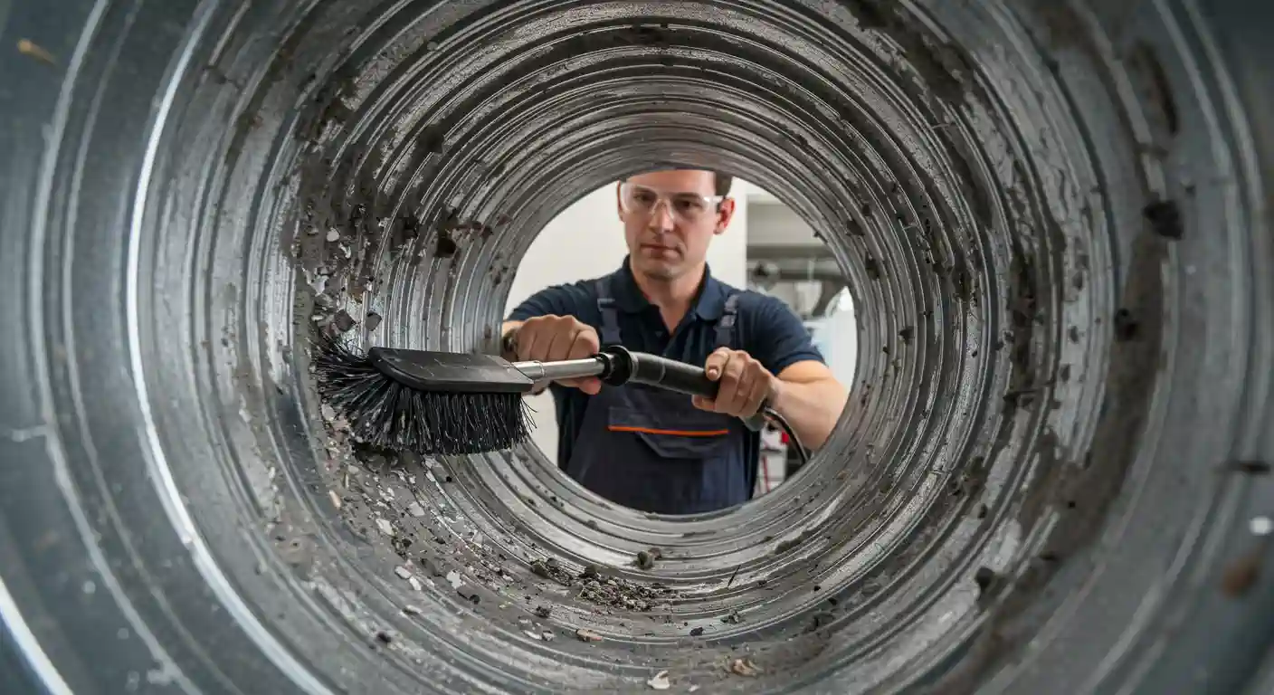  An interior view of a dirty, corrugated metal air duct shows a male technician at the far end, looking through the opening. The technician, wearing safety goggles, a dark shirt, and dark overalls, is inserting a cleaning brush with black bristles into the duct to remove the visible dust and debris lining the interior walls.