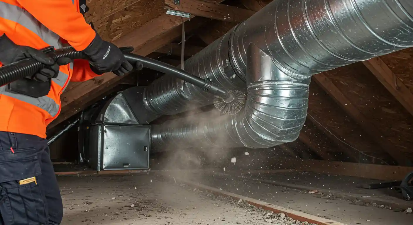 A professional duct cleaning technician, wearing an orange high-visibility vest and black gloves, is using a long-handled rotary brush attached to a vacuum hose to clean galvanized metal ductwork in an attic space. The brushing action is vigorously removing dust and debris, which is visibly clouding the air and accumulating on the floor below.