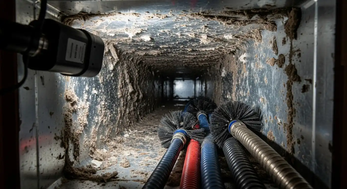 A wide-angle internal view looking deep inside a heavily soiled, rectangular metal ventilation duct. The walls are coated with thick dirt and debris. Several long-handled, motorized brushes with black bristles and colorful shafts (blue, red, black) are laid out on the floor of the duct, along with a camera or inspection light on the upper left, ready for the air duct cleaning process.