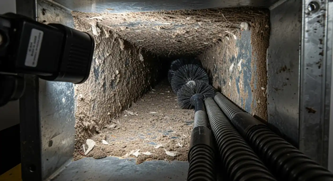 An extremely close-up, internal view looking down a square metal air duct shows the interior heavily caked with a thick layer of dust, dirt, and debris. A light or camera unit on the left illuminates the dirty walls. Several rotating brush heads with black bristles, attached to flexible black rods, are laid out inside the duct, ready for the cleaning process.
