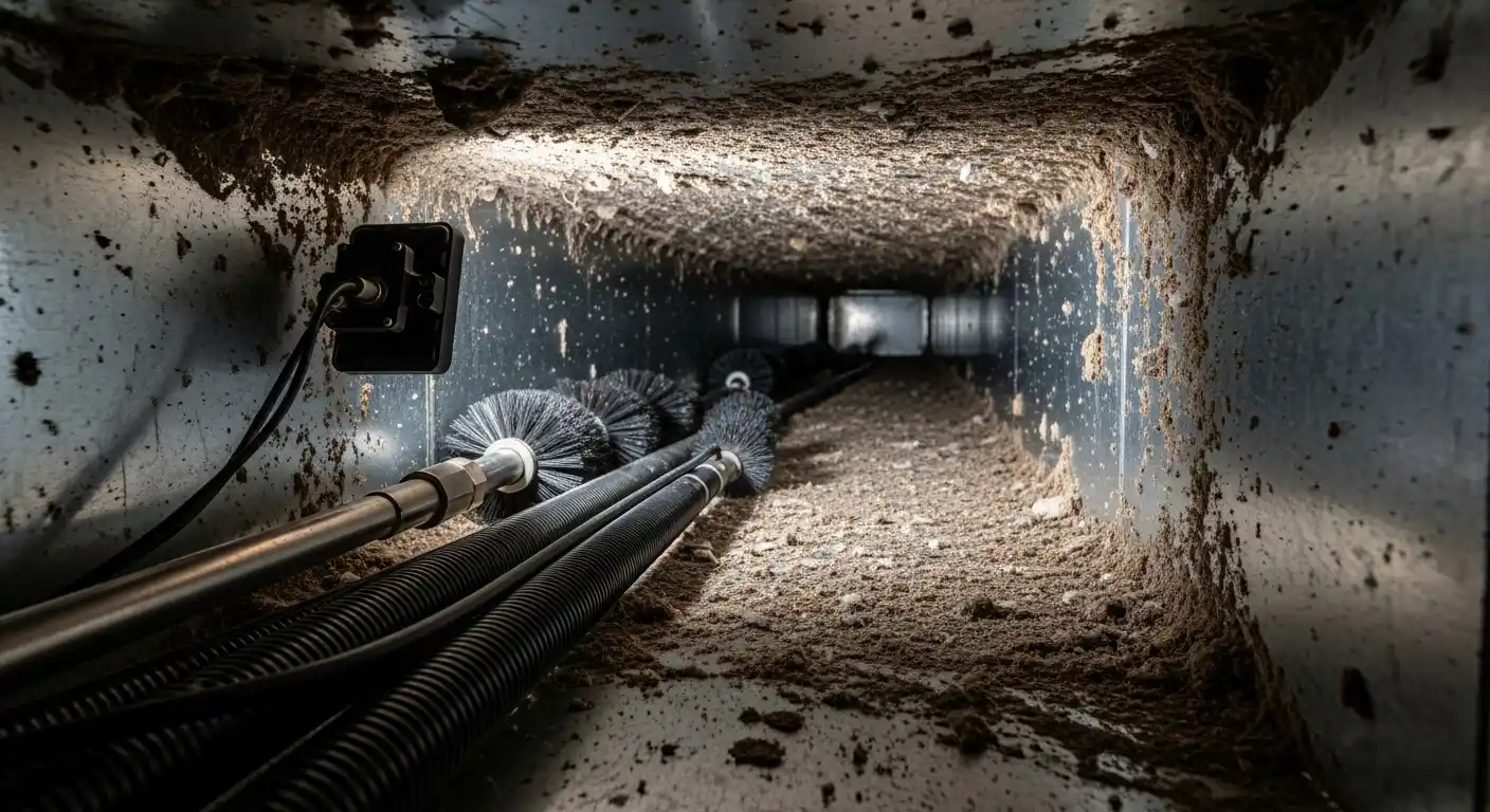 A wide-angle interior view looking down a heavily contaminated rectangular metal air duct. The duct walls and floor are thickly layered with dust, dirt, and debris. Multiple rotating brush attachments on long, black, flexible shafts are laid out inside the duct, waiting to be used. An inspection light or camera module is attached to the left wall near the opening, documenting the filthy condition before the HVAC cleaning process.