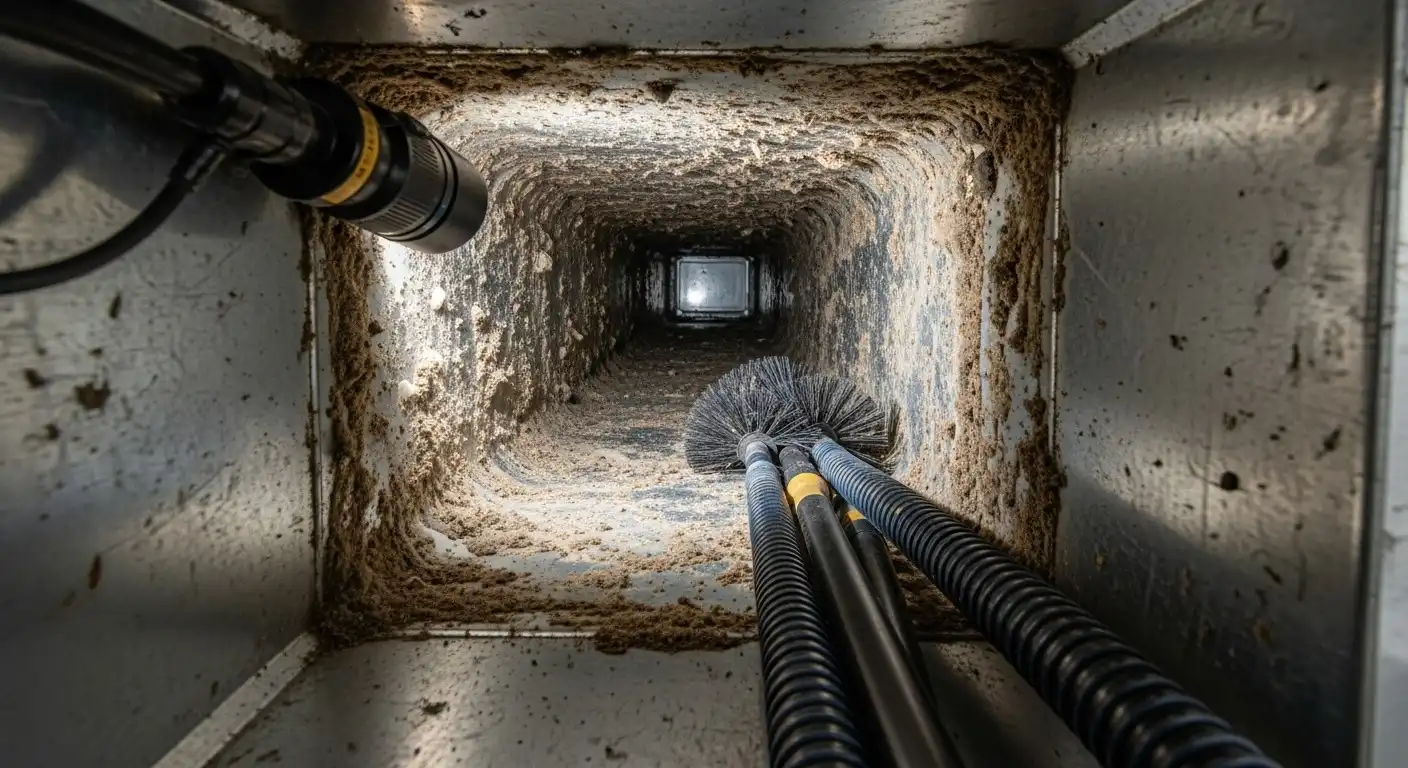 An internal, close-up view of a square metal air duct reveals its walls and floor heavily caked with thick, light brown dirt and debris. Several black rotary brush heads on flexible rods are lying inside the duct, prepared for cleaning. A camera or light fixture is mounted on the left wall of the duct.