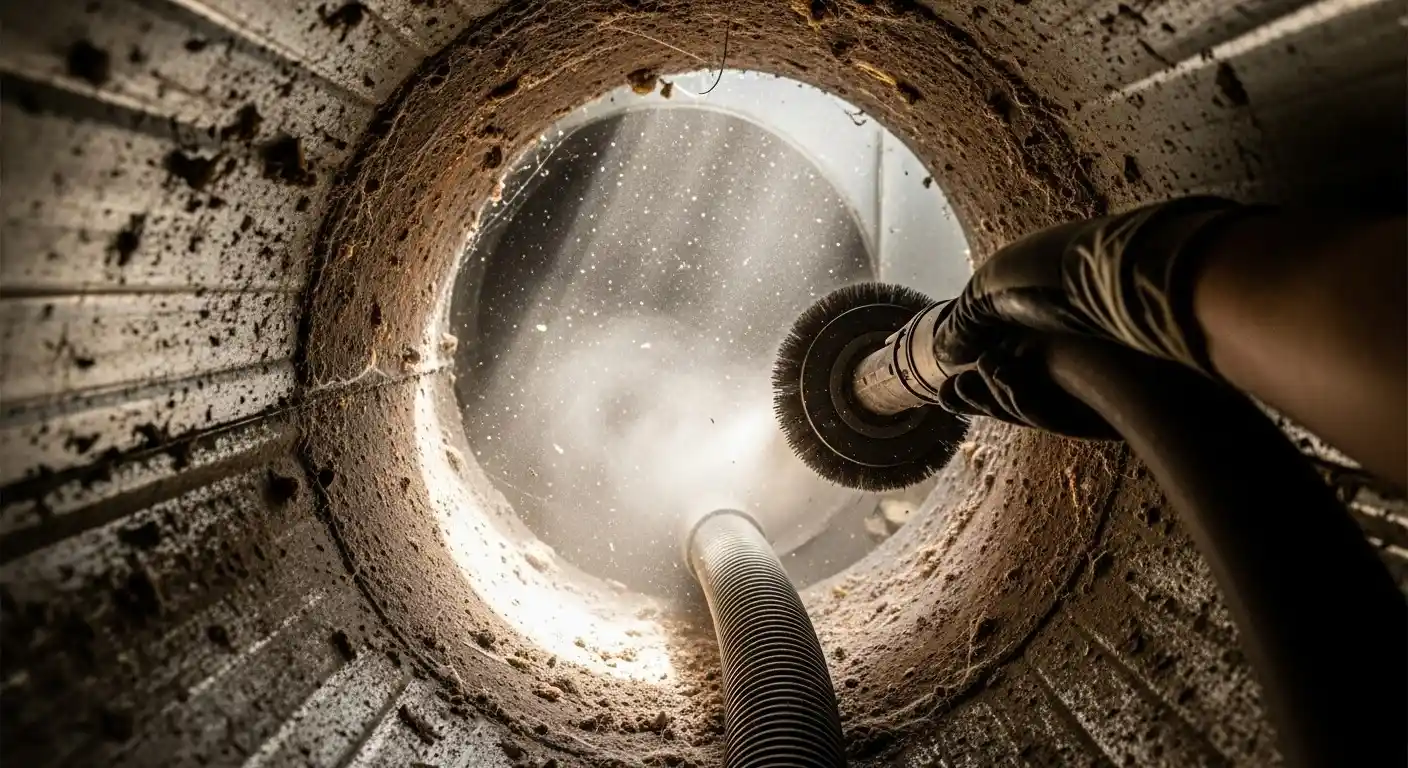  A low-angle, close-up view looking down into a dirty, circular ventilation duct. A gloved hand holds a rotating brush tool, actively scrubbing the inside of the duct, kicking up dust and debris. A flexible vacuum hose runs alongside the brush, pulling out the loosened material. This image illustrates the process of duct cleaning.