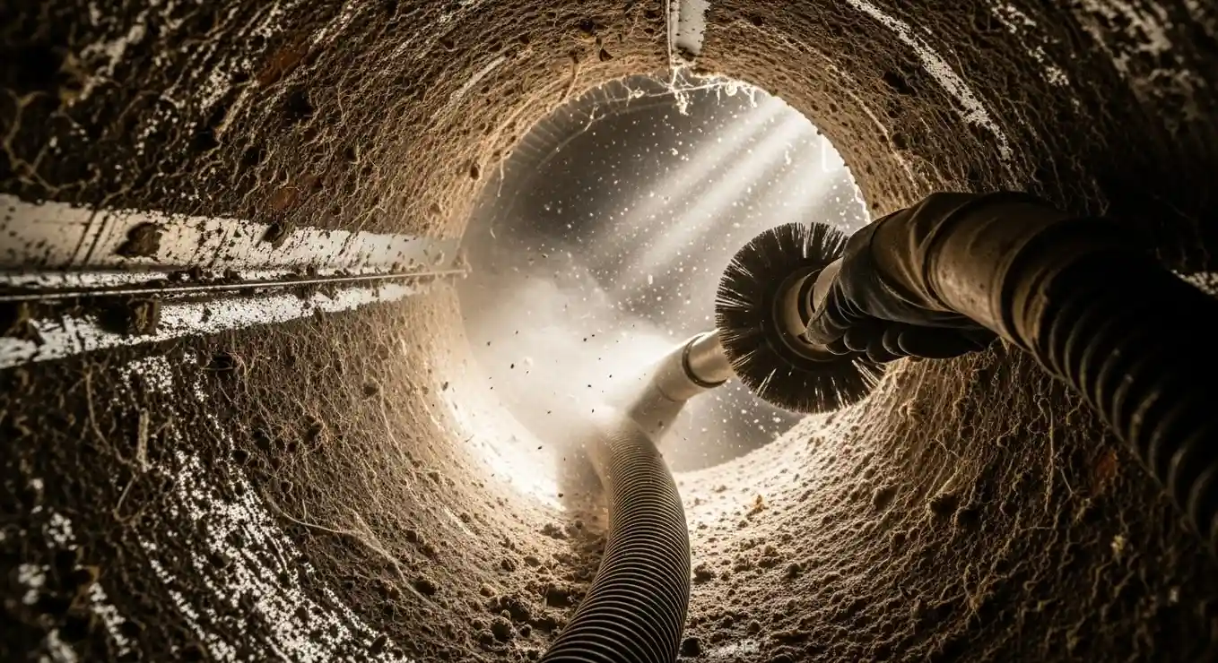 A close-up, low-angle view inside a heavily soiled, circular ventilation duct during cleaning. A gloved hand, visible on the right, guides a rotating brush attachment and a flexible vacuum hose deeper into the duct. The brush dislodges a large amount of thick, dusty debris coating the walls, creating a cloud of dust illuminated by a bright light source from the far end. The image emphasizes the dirt accumulated in the HVAC system before the cleaning process is complete.