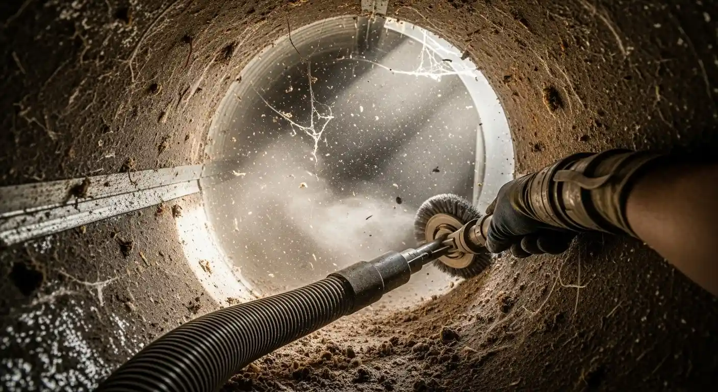 A very close, dramatic low-angle shot looking deep into a dirty, cobweb-filled ventilation duct during the cleaning process. A gloved hand feeds a rotating brush attachment and a flexible vacuum hose into the circular duct, which is heavily coated in thick dirt and debris. A bright light illuminates the dust cloud being agitated, highlighting the heavy buildup inside the HVAC system.
