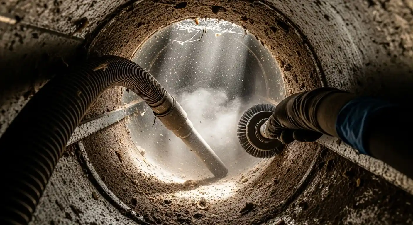  A dramatic, close-up low-angle view inside a heavily soiled ventilation duct. A gloved hand on the right operates a rotating brush tool, while a flexible vacuum hose enters from the upper left. Both tools are actively working, dislodging and collecting a thick layer of dust, dirt, and cobwebs coating the inner walls, illustrating the process of professional duct cleaning.