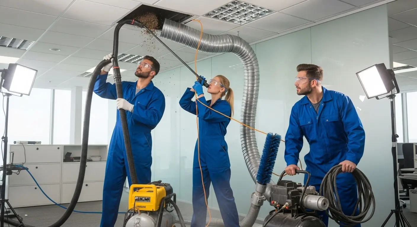 Three professional technicians in blue coveralls and safety glasses are cleaning a ventilation duct in a modern office ceiling. One person operates a large vacuum hose removing dirt, while the second uses a long brush tool to agitate debris inside the ductwork. The third technician manages the equipment, including a compressor and another brush attachment, highlighting a comprehensive HVAC cleaning service.