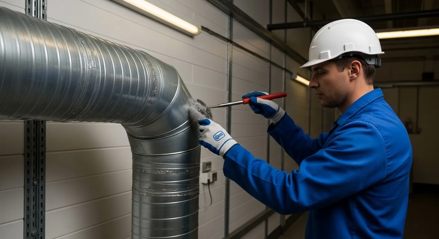 A worker wearing a white hard hat, blue uniform, and safety gloves is applying a cleaning solution or scrubbing a spot on the exterior of a large, silver metal ventilation duct elbow. The ductwork is mounted on a wall in a commercial or industrial setting, suggesting maintenance or HVAC installation work.